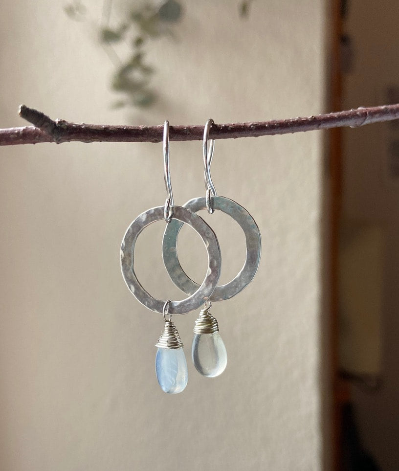 Textured Silver Hoop Earrings with Sri Lankan Moonstone