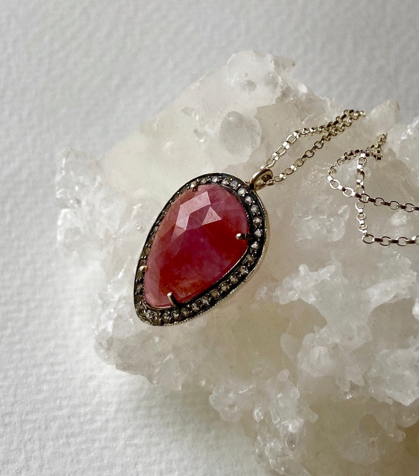 Large Ruby and White Topaz Pendant Necklace, July Birthstone Necklace