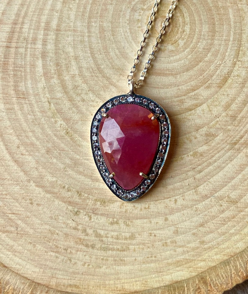 Large Ruby and White Topaz Pendant Necklace, July Birthstone Necklace