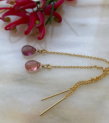 Raspberry Pink Tourmaline Threader Earrings, October Birthstone Earrings