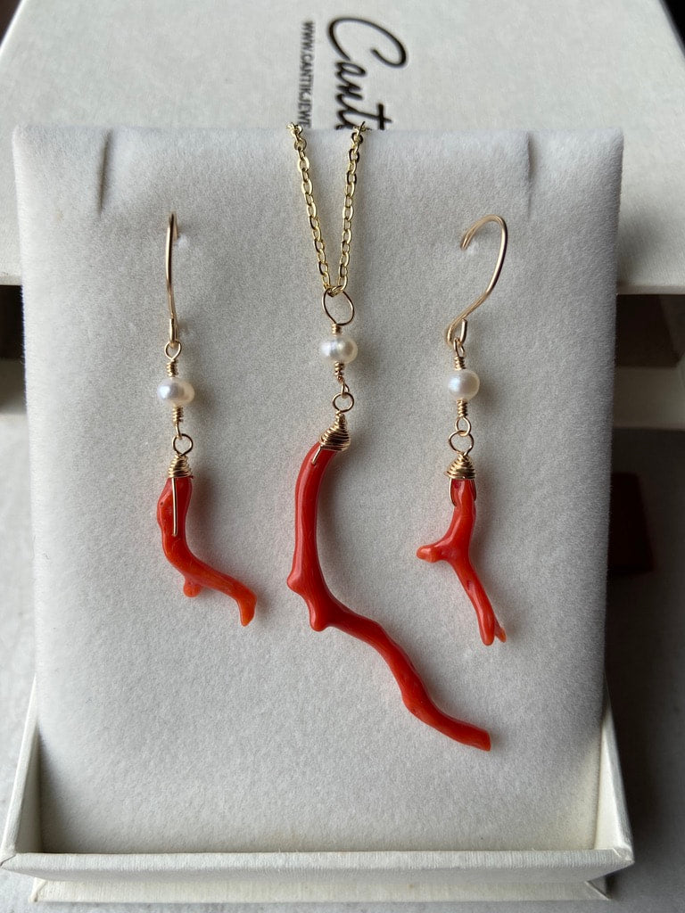 Vintage Italian Red Coral Branch and Pearl Earrings