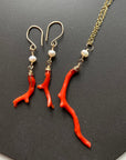 Vintage Italian Red Coral Branch and Pearl Pendant Necklace