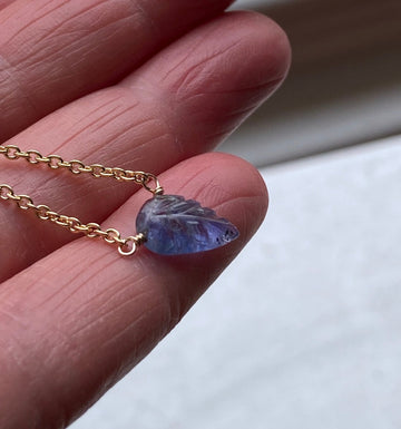 Tanzanite Carved Leaf Pendant Necklace