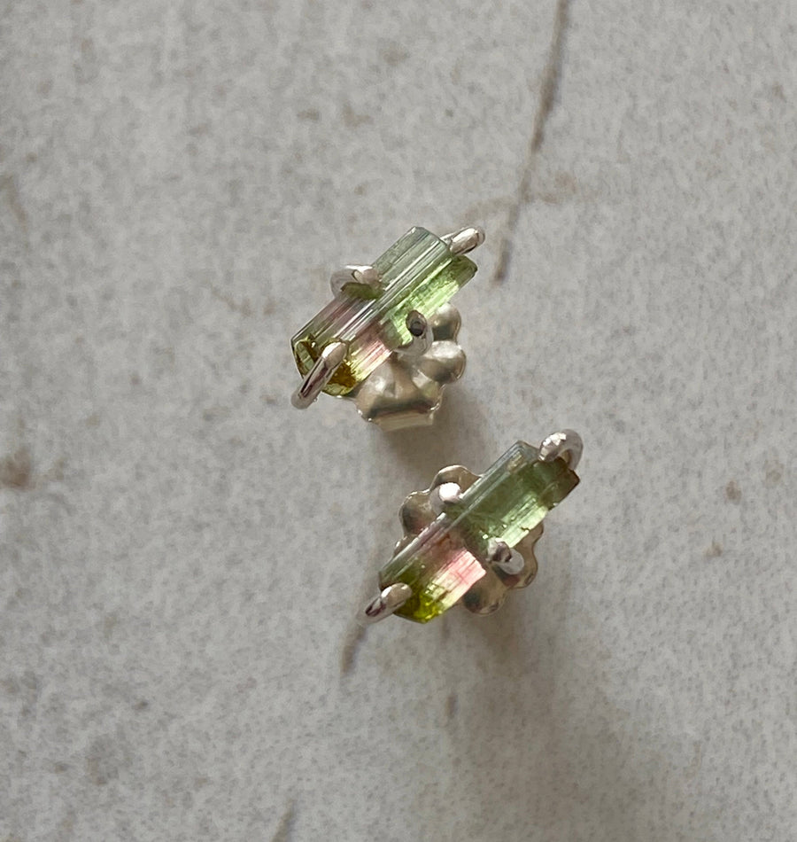 Raw Watermelon Tourmaline Stud Earrings