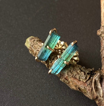 Raw Bicolor Blue Green Indocolite Tourmaline Stud Earrings, October Birthstone Earrings