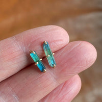 Raw Bicolor Blue Green Indocolite Tourmaline Stud Earrings, October Birthstone Earrings