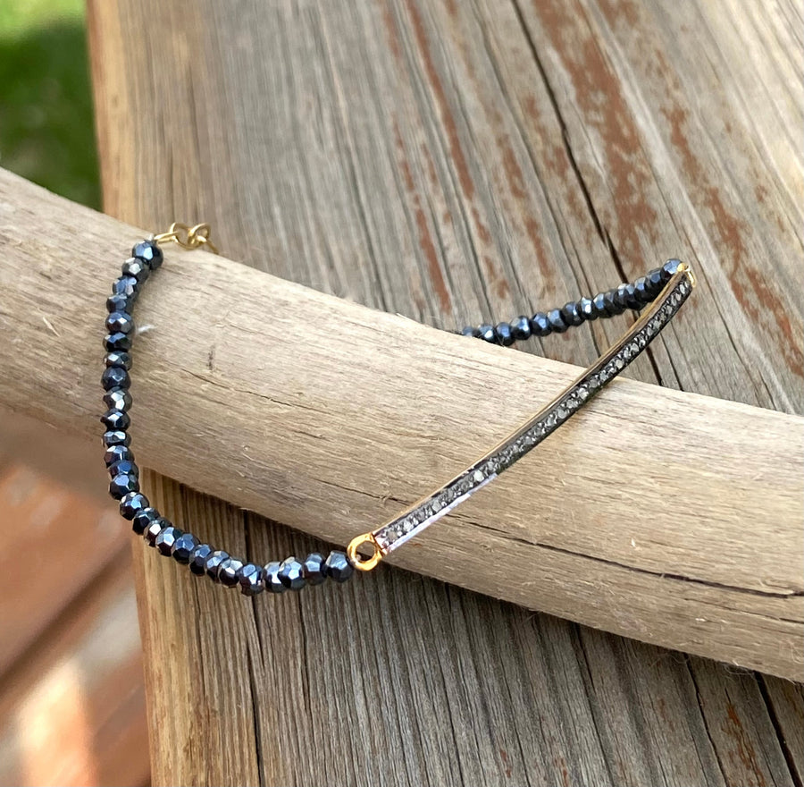 Unisex Diamond Bar and Black Spinel Bracelet, Brad Pitt Bracelet