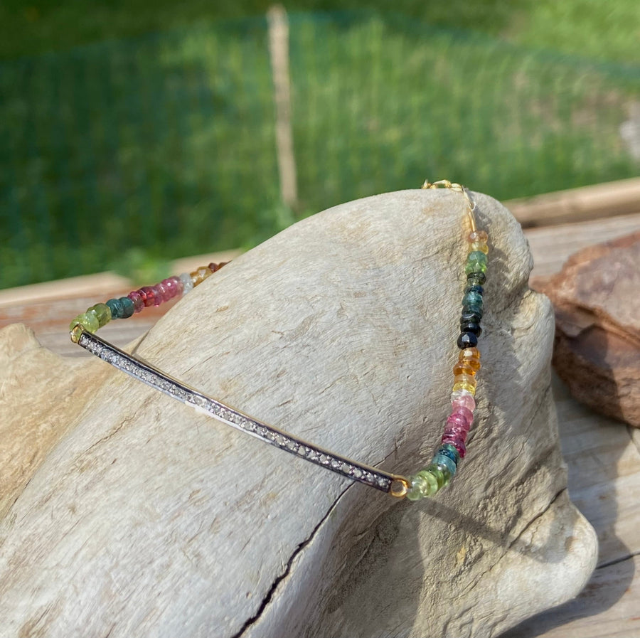 Unisex Diamond Bar and Watermelon Tourmaline Bracelet