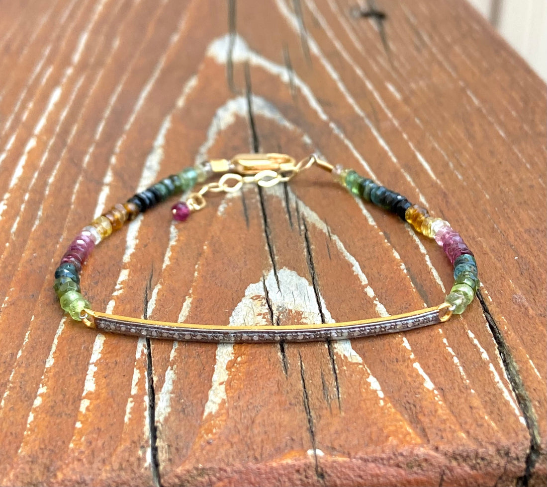 Unisex Diamond Bar and Watermelon Tourmaline Bracelet