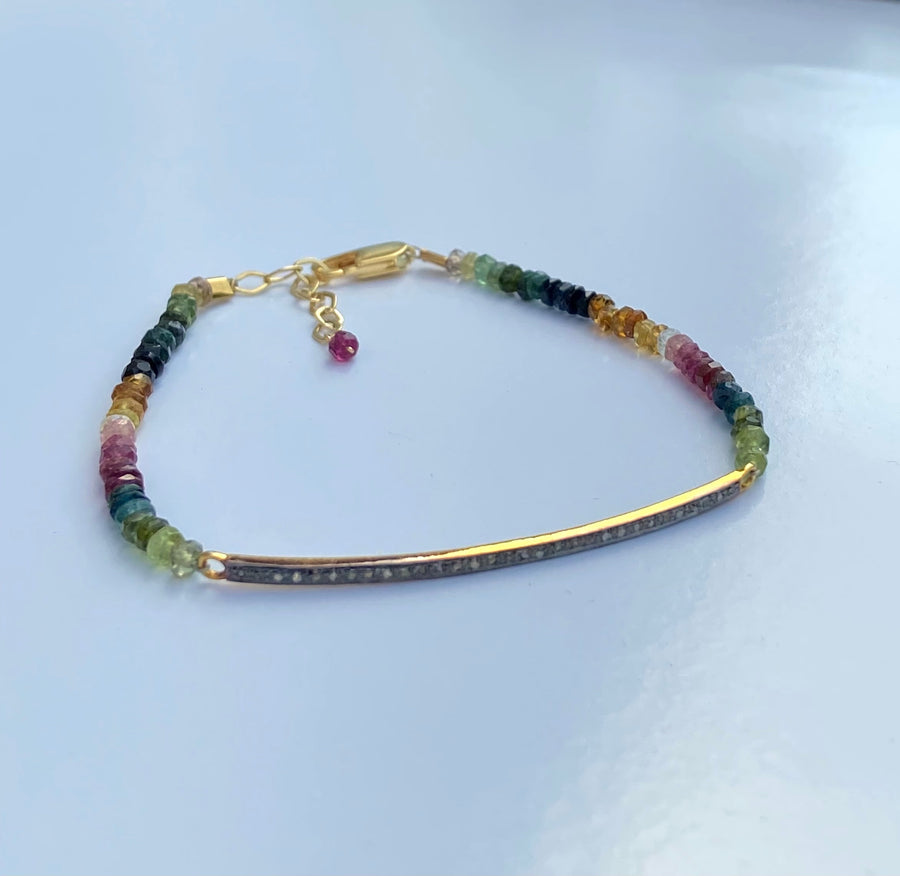 Unisex Diamond Bar and Watermelon Tourmaline Bracelet