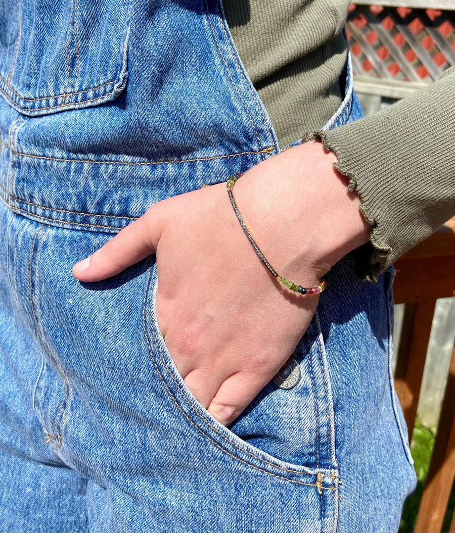 Unisex Diamond Bar and Watermelon Tourmaline Bracelet