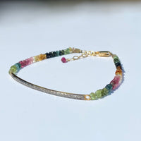 Unisex Diamond Bar and Watermelon Tourmaline Bracelet