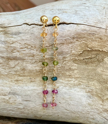 Watermelon Tourmaline Long Chain Earrings, October Birthstone Earrings