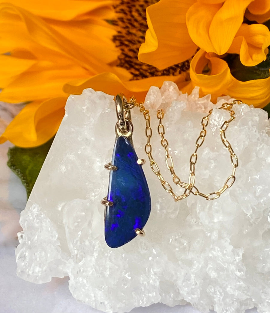 Indigo Blue Australian Opal Pendant Necklace, October Birthstone Pendant Necklace