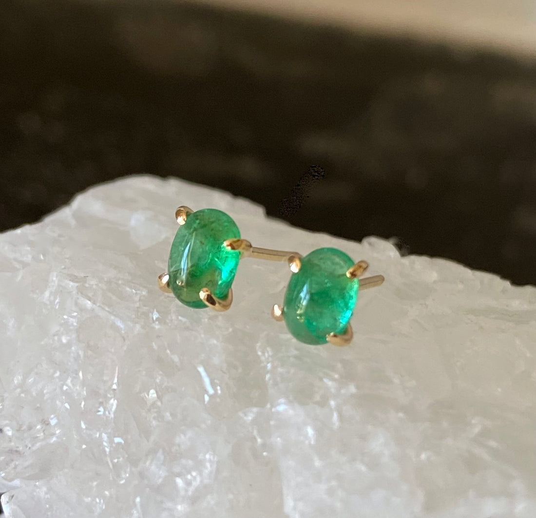 Emerald 14k Gold Stud Earrings, May Birthstone Earrings