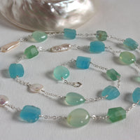 Long Multi Gemstone, Freshwater Pearl and Sterling Silver Necklace,