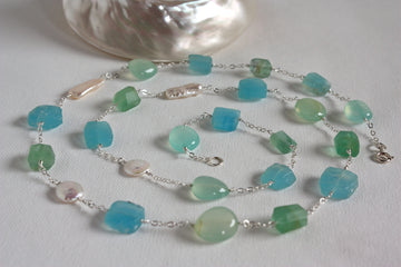 Long Multi Gemstone, Freshwater Pearl and Sterling Silver Necklace,