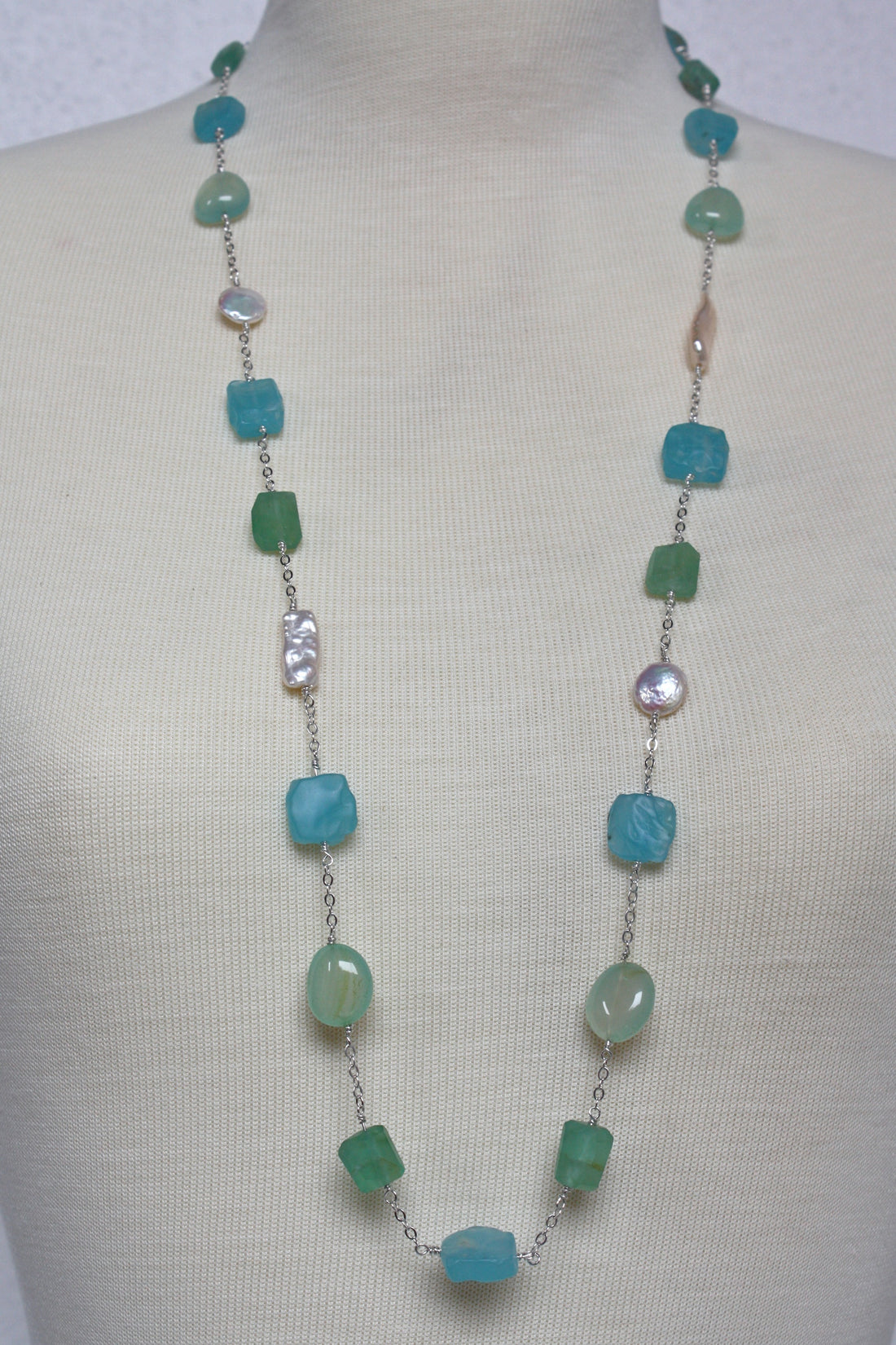 Long Multi Gemstone, Freshwater Pearl and Sterling Silver Necklace,