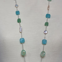 Long Multi Gemstone, Freshwater Pearl and Sterling Silver Necklace,