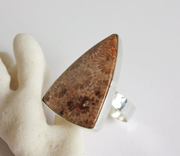 Large Hammered Sterling Silver Ring with Indonesian Fossilized Coral