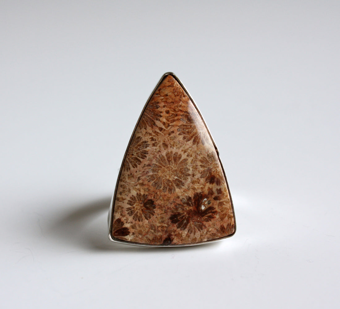 Large Hammered Sterling Silver Ring with Indonesian Fossilized Coral