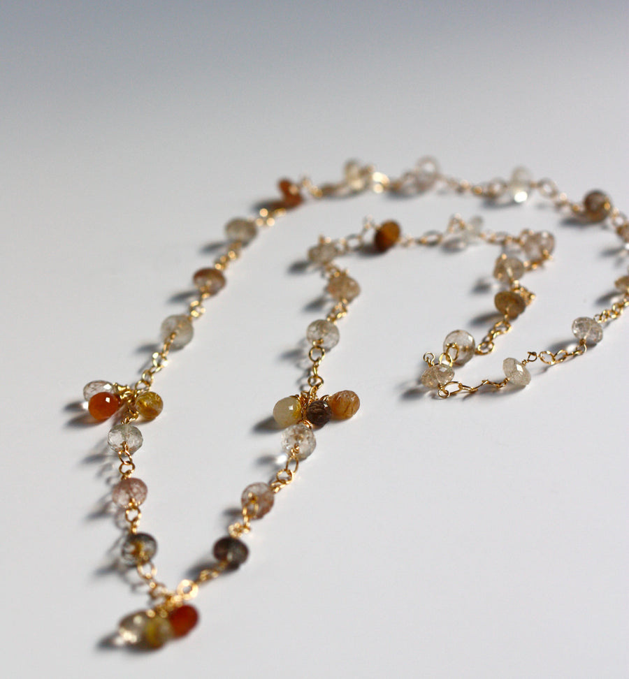 Long Gold Filled Chain Necklace With Multi Rutilated Quartz