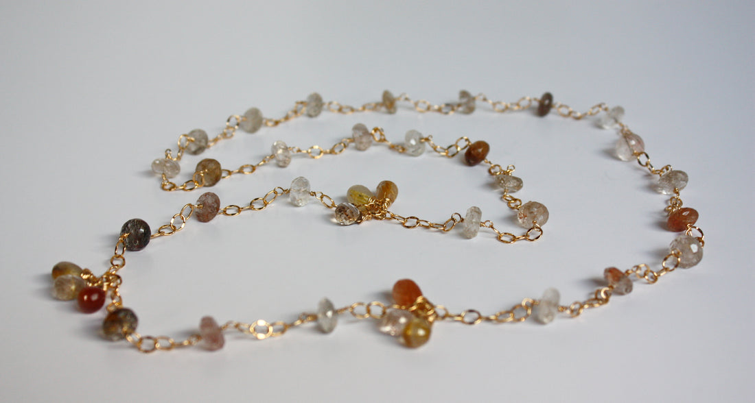 Long Gold Filled Chain Necklace With Multi Rutilated Quartz