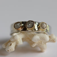 Silver White Cubic Cluster Rough Diamond Ring, 14k Gold and Reticulated Fine Silver