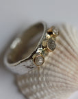 Silver White Cubic Cluster Rough Diamond Ring, 14k Gold and Reticulated Fine Silver