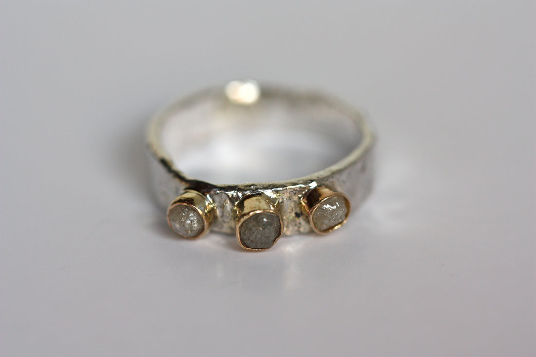 Silver White Cubic Cluster Rough Diamond Ring, 14k Gold and Reticulated Fine Silver