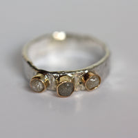 Silver White Cubic Cluster Rough Diamond Ring, 14k Gold and Reticulated Fine Silver