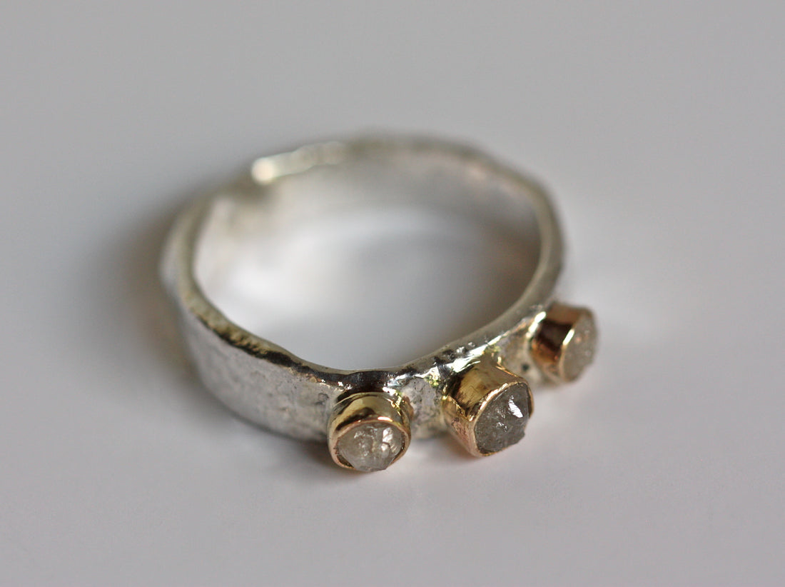 Silver White Cubic Cluster Rough Diamond Ring, 14k Gold and Reticulated Fine Silver