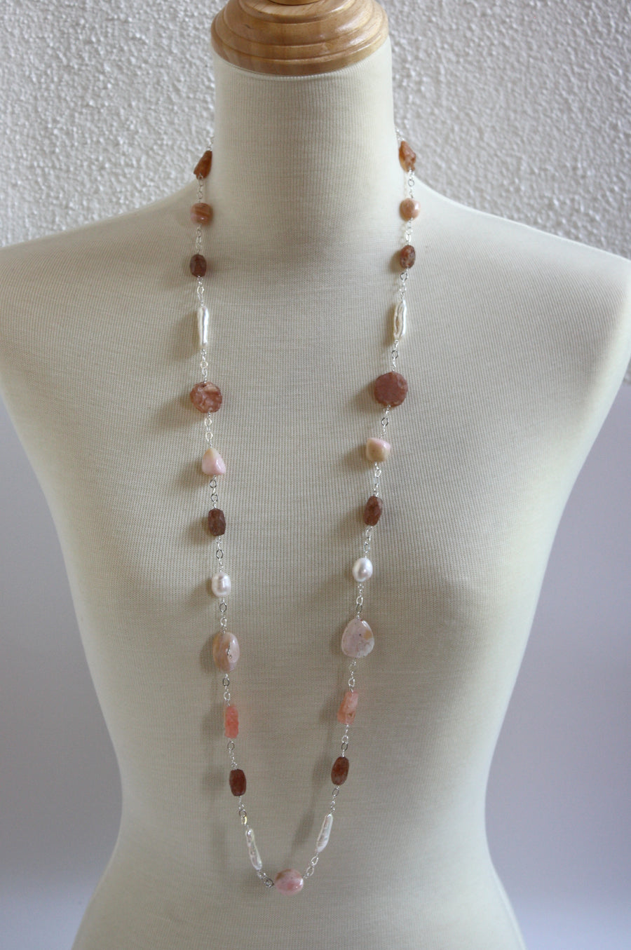 Long Sterling Silver Cable Chain Necklace with Peruvian Pink Opal, Chalcedony, Sunstone and Freshwater Pearls
