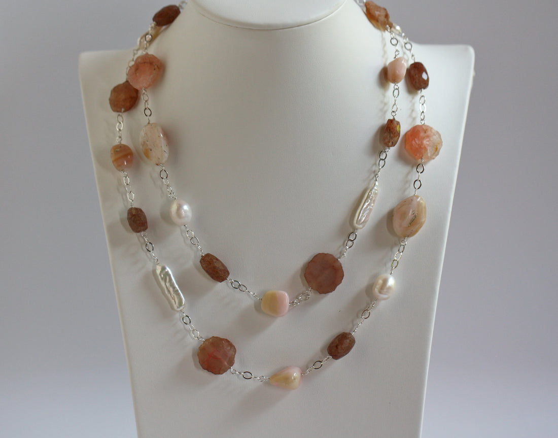 Long Sterling Silver Cable Chain Necklace with Peruvian Pink Opal, Chalcedony, Sunstone and Freshwater Pearls