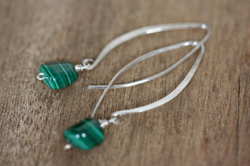 Large Hook Earrings of Sterling Silver and Malachite