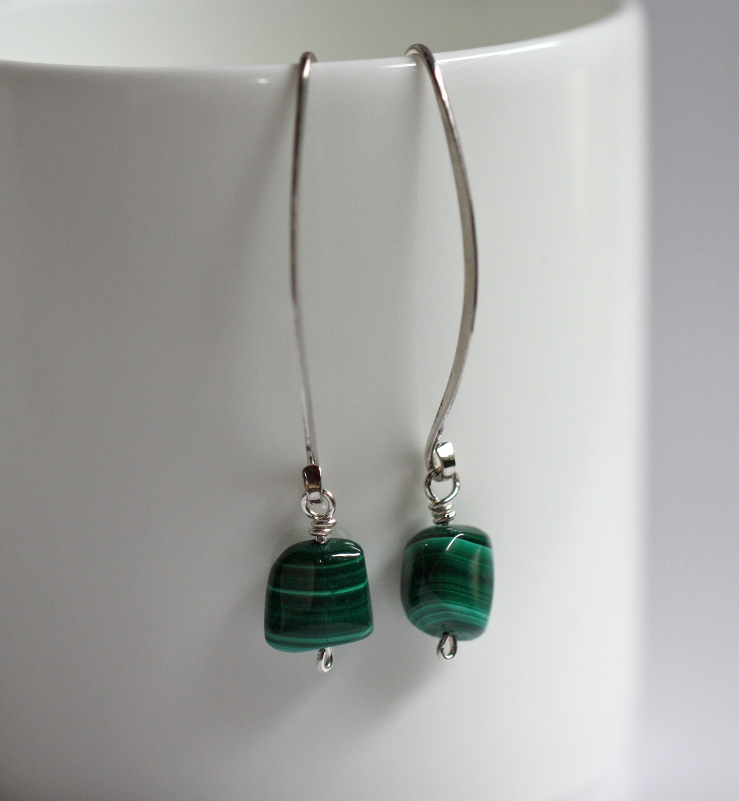 Large Hook Earrings of Sterling Silver and Malachite