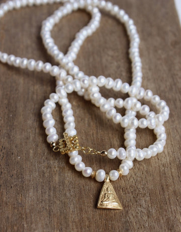 Long Freshwater Pearl Necklace with A Gold Vermeil Buddha Pendant