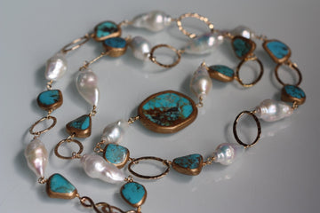 Long Necklace of Natural Turquoise, Baroque Pearls and Gold Filled Chain