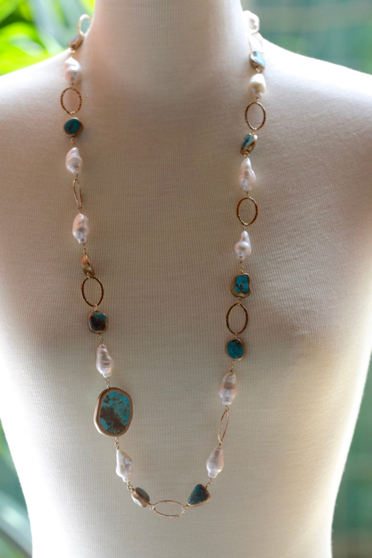 Long Necklace of Natural Turquoise, Baroque Pearls and Gold Filled Chain