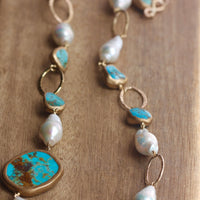 Long Necklace of Natural Turquoise, Baroque Pearls and Gold Filled Chain