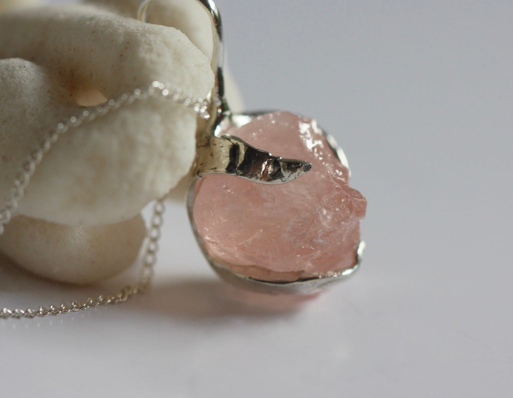 Sterling Silver Necklace with a Raw Peachy Pink Morganite Pendant