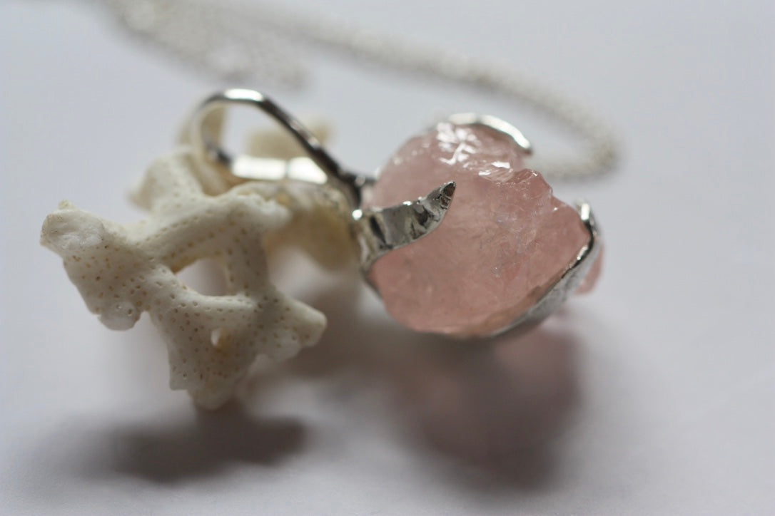 Sterling Silver Necklace with a Raw Peachy Pink Morganite Pendant