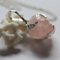 Sterling Silver Necklace with a Raw Peachy Pink Morganite Pendant