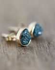 Solid 14k Gold Stud Earrings with Rough Uncut Teal Blue Diamonds