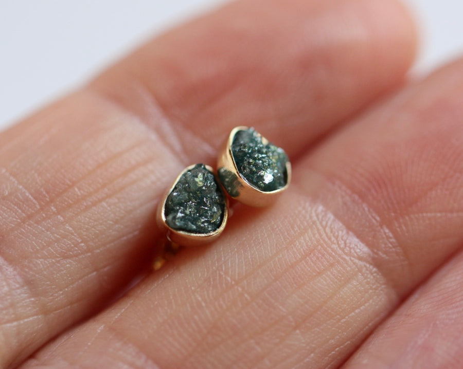 Solid 14k Gold Stud Earrings with Rough Uncut Teal Blue Diamonds