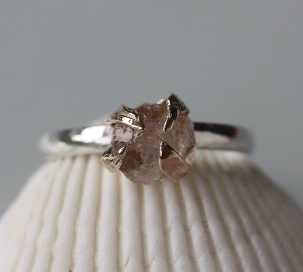 Rough Peachy Pink Morganite Ring, 9k Solid Gold and Sterling Silver