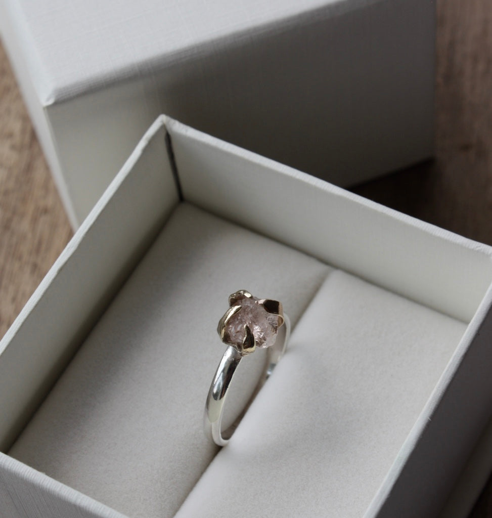 Rough Peachy Pink Morganite Ring, 9k Solid Gold and Sterling Silver