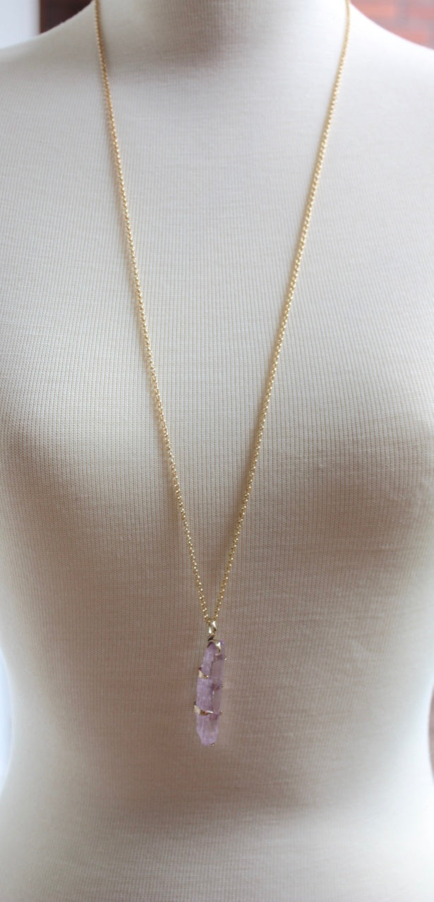 Raw, Unpolished Lilac Pink Kunzite and 9k Solid Gold Pendant on 14k Gold Filled Chain