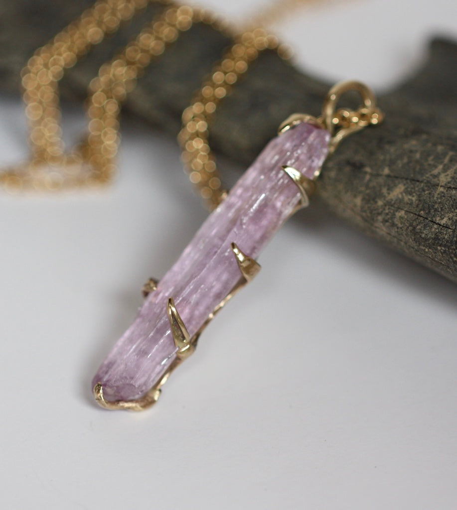 Raw, Unpolished Lilac Pink Kunzite and 9k Solid Gold Pendant on 14k Gold Filled Chain