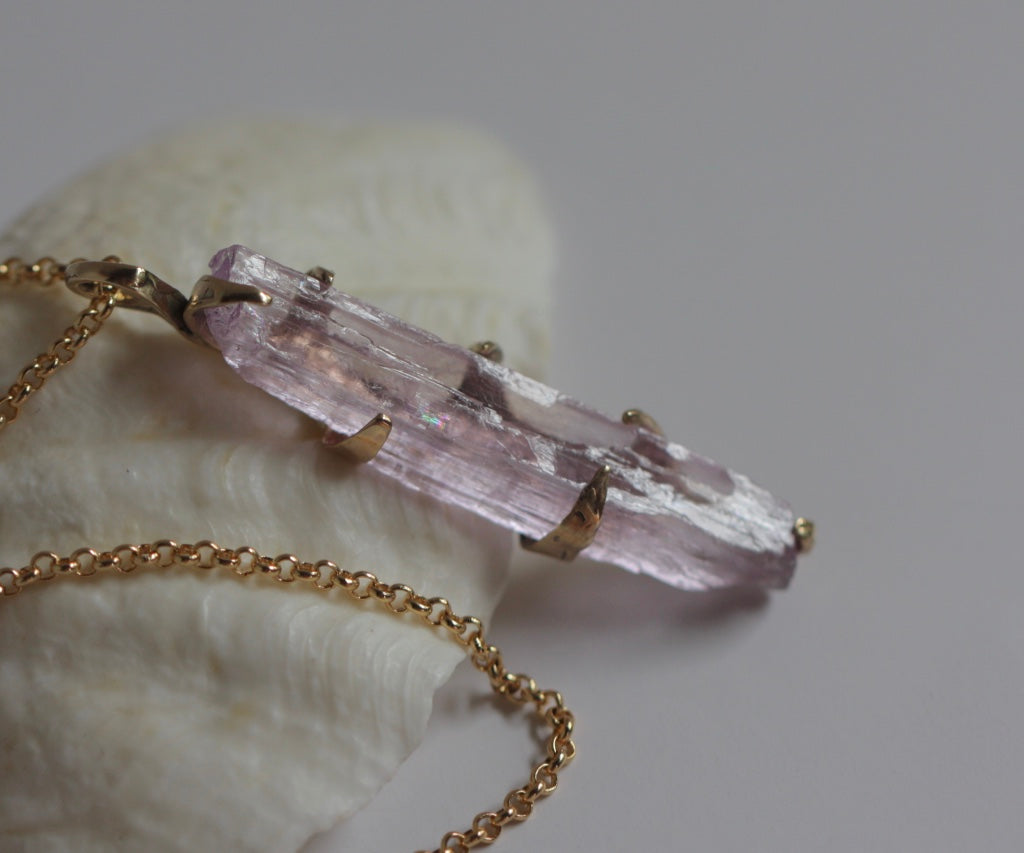 Raw, Unpolished Lilac Pink Kunzite and 9k Solid Gold Pendant on 14k Gold Filled Chain